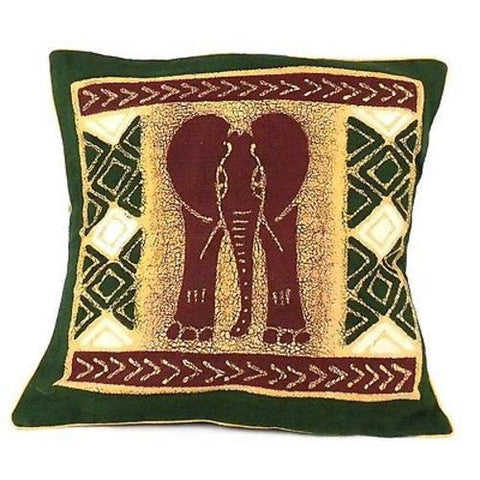 Handmade Green and Maroon Elephant Batik Cushion Cover - Tonga Textiles