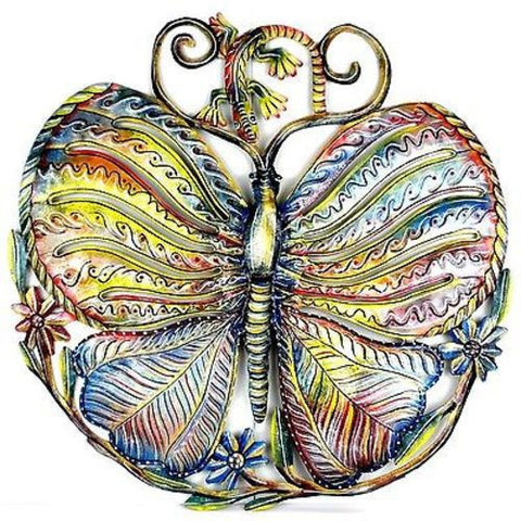 24-Inch Painted Butterfly and Gecko Metal Wall Art - Croix des Bouquets
