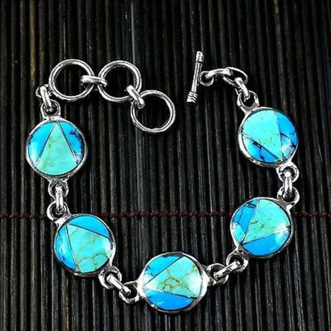 Handcrafted Mexican Alpaca Silver and Turquoise Disk Bracelet - Artisana