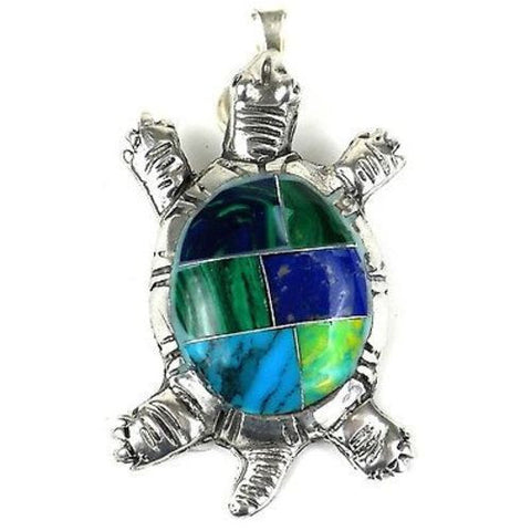 Inlaid Stone Turtle Alpaca Silver Pendant - Artisana