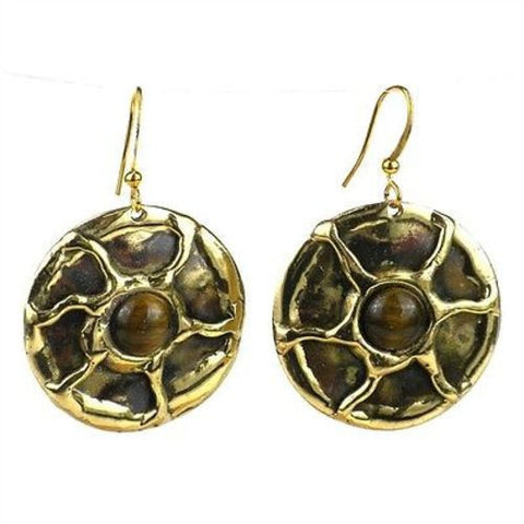 Gold Tiger Eye Sun Earrings - Brass Images (E)