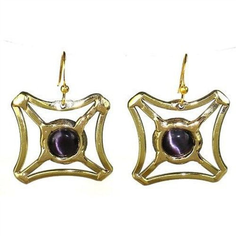 Purple Tiger Eye Square Earrings - Brass Images (E)