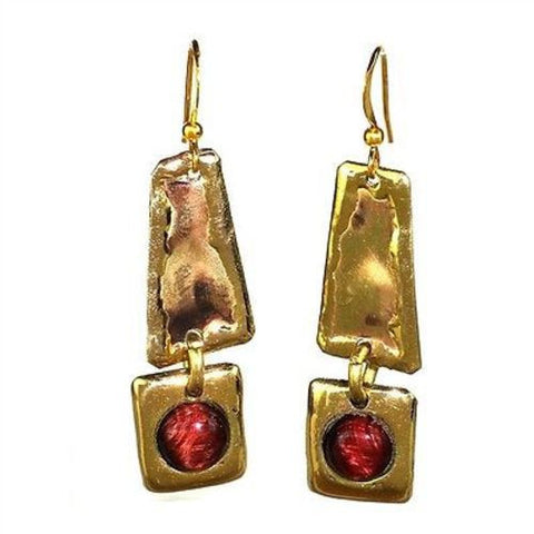 Red Tiger Eye Brass Earrings - Brass Images (E)