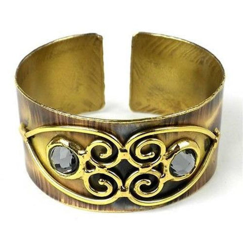 Scrolling Hearts and Gray Crystal Brass Cuff - Brass Images (C)