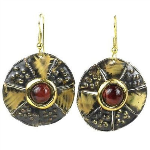 Roulette Red Tiger Eye Brass Earrings - Brass Images (E)