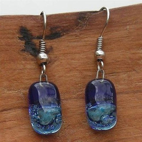 Small Rectangular Glass Earrings - Blue Bubbles - Tili Glass