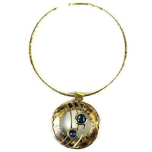 Ripple Effect Paua Shell and Brass Pendant Necklace - Brass Images (N)
