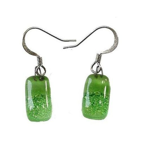 Small Rectangular Glass Earrings - Green Bubbles - Tili Glass