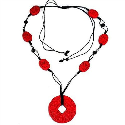 Carved Red Wood Beads on Black Cord Necklace - Starfish Project