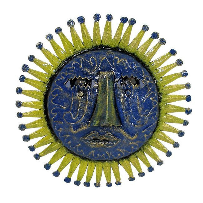 10" Haitian Metal Painted Steel Drum Sun Face in Blue - Caribbean Craft