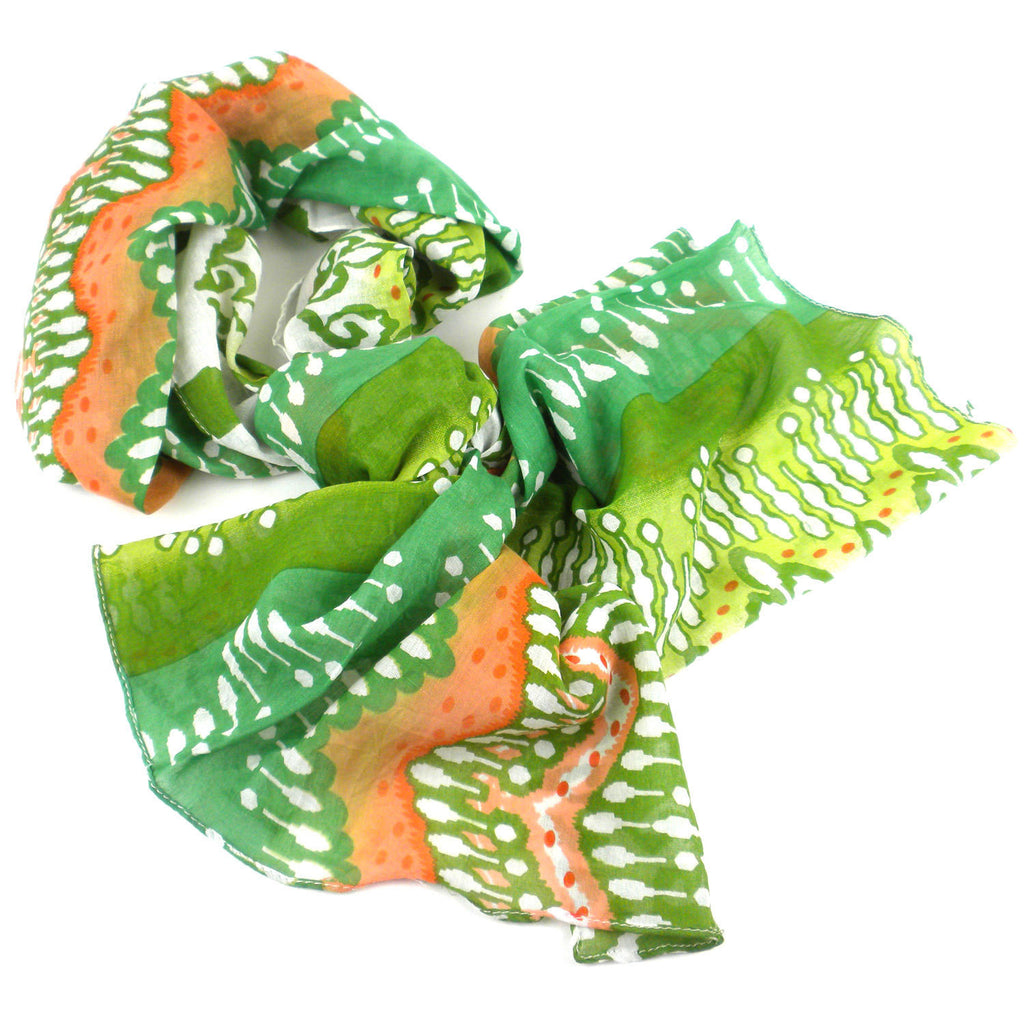 White,Peach and Green Ikat Cotton Scarf - Asha Handicrafts