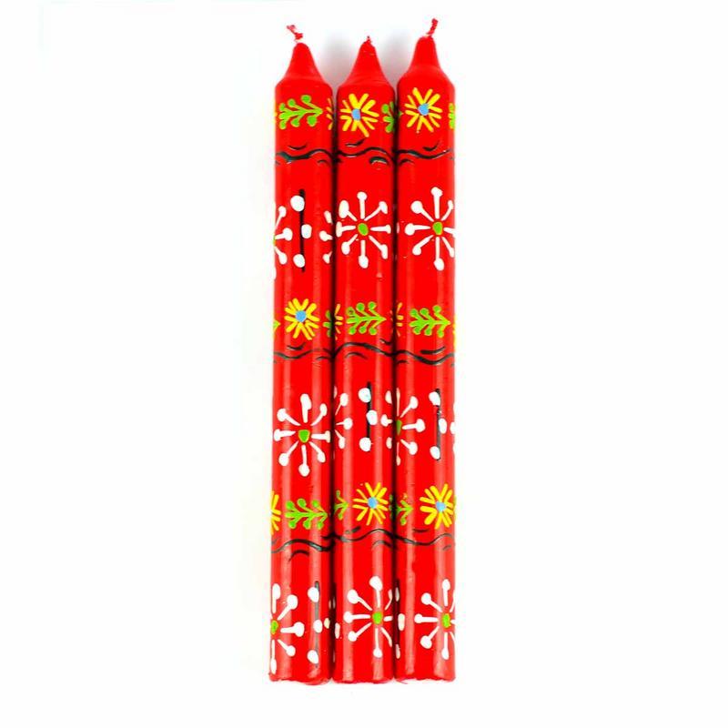 Hand Painted Candles in Red Masika Design (three tapers) - Nobunto