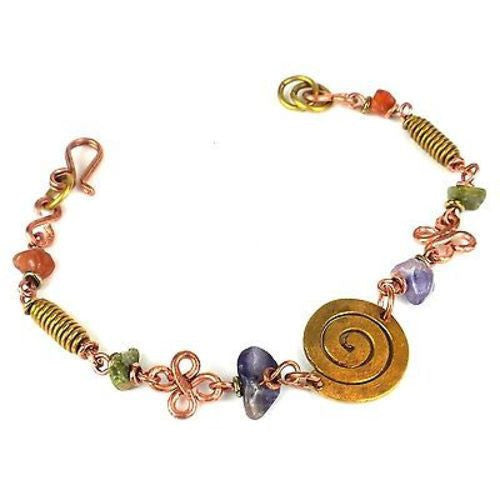 Handcrafted Copper, Brass, and Agate Bracelet with Copper Swirl - Zakali Creations