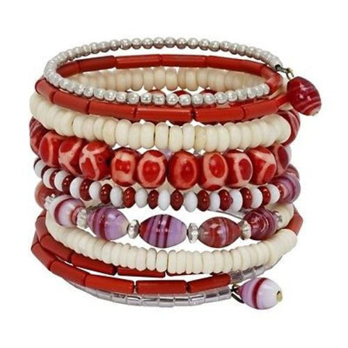 Ten Turn Bead and Bone Bracelet - Red & White - CFM