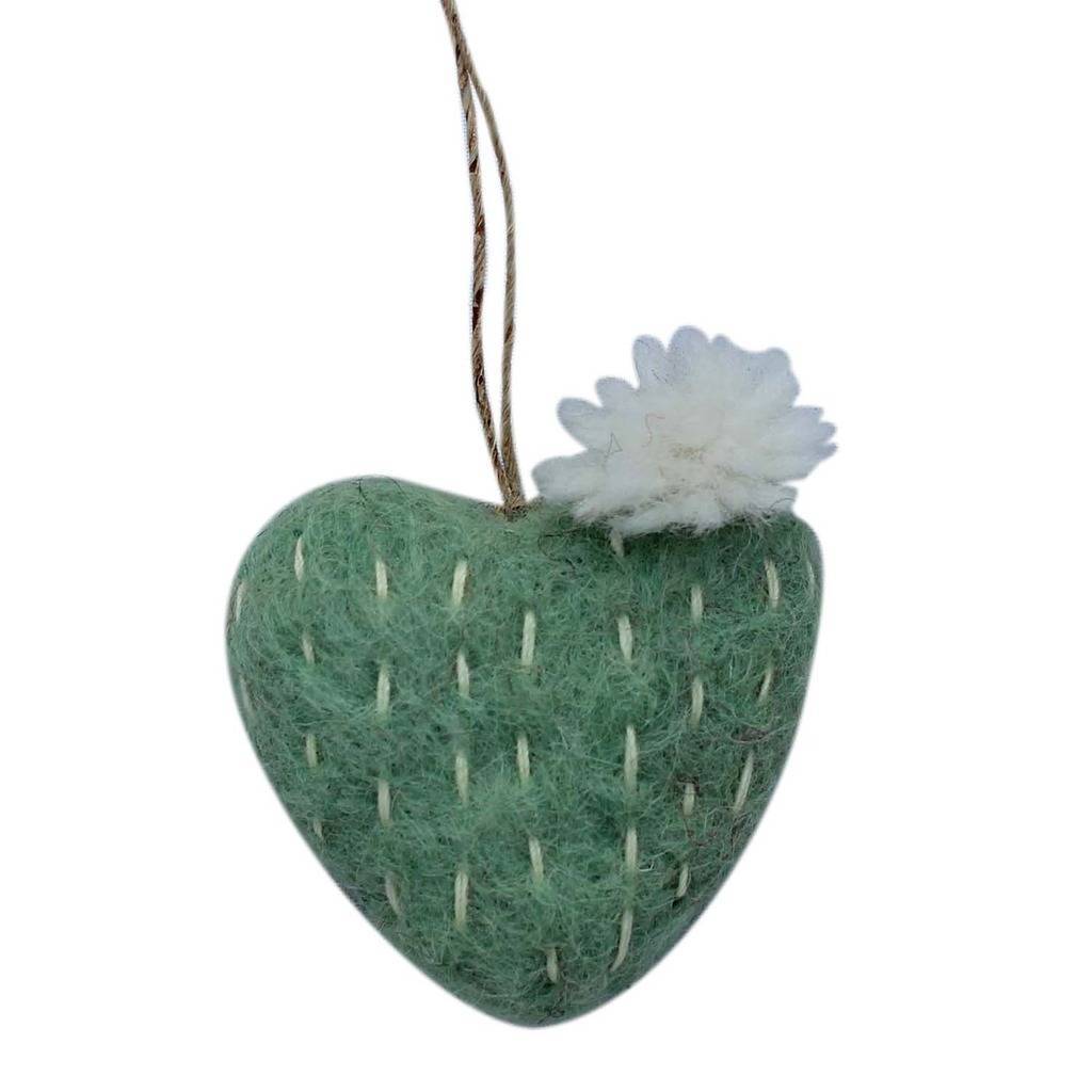 Heart Cactus with White Flower Felt Ornament (Sage Color) - Global Groove (H)