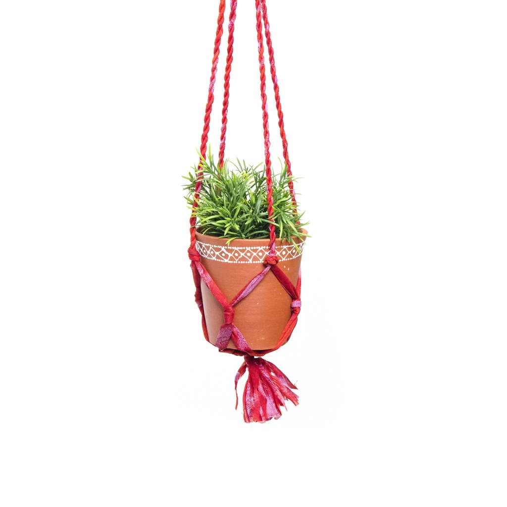 Upcycled Sari Macrame Plant Hanger and Medium Clay Planter - Matr Boomie (Pottery)