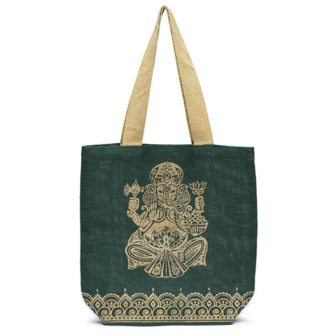 Metallic Ganesha Jute Tote - Forest Green - Matr Boomie (Bag)