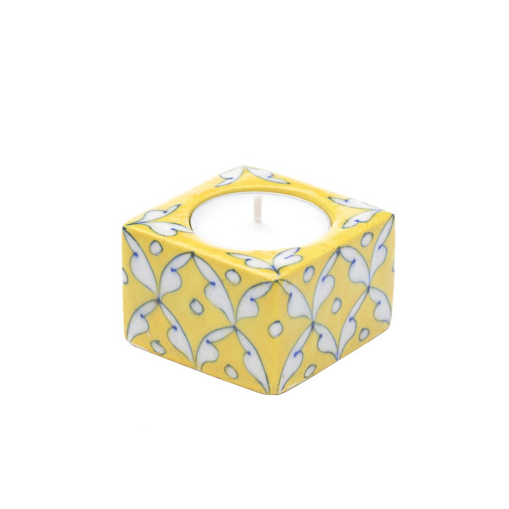 Blue Pottery Tea Light Holder - Yellow - Matr Boomie (Candle)