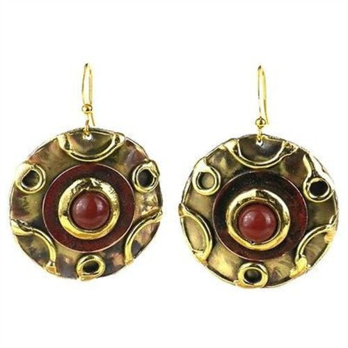 Carnelian Disk Brass Earrings - Brass Images (E)