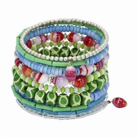 Ten Turn Bead and Bone Bracelet - Greens & Blues - CFM