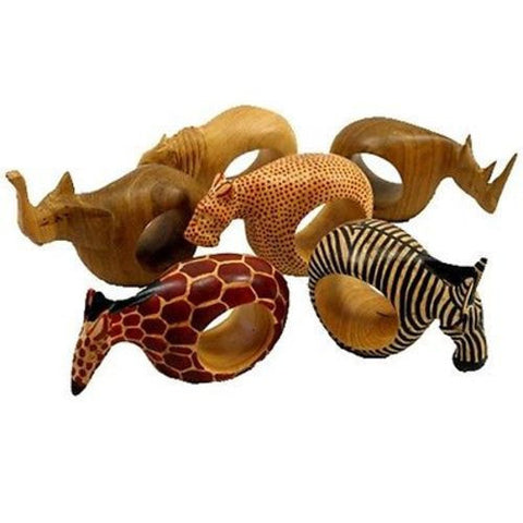 Set of Six Mahogany Wood Animal Napkin Rings - Jedando Handicrafts
